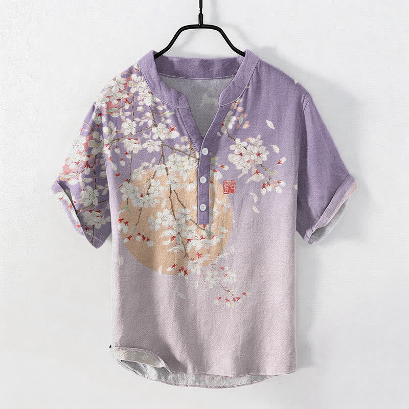 Buddha Stones 純綿素材、桜の水彩画柄、メンズ半袖ハーフボタンシャツ - ラベンダー - US/UK/AU50、EU60（5XL） - image 3