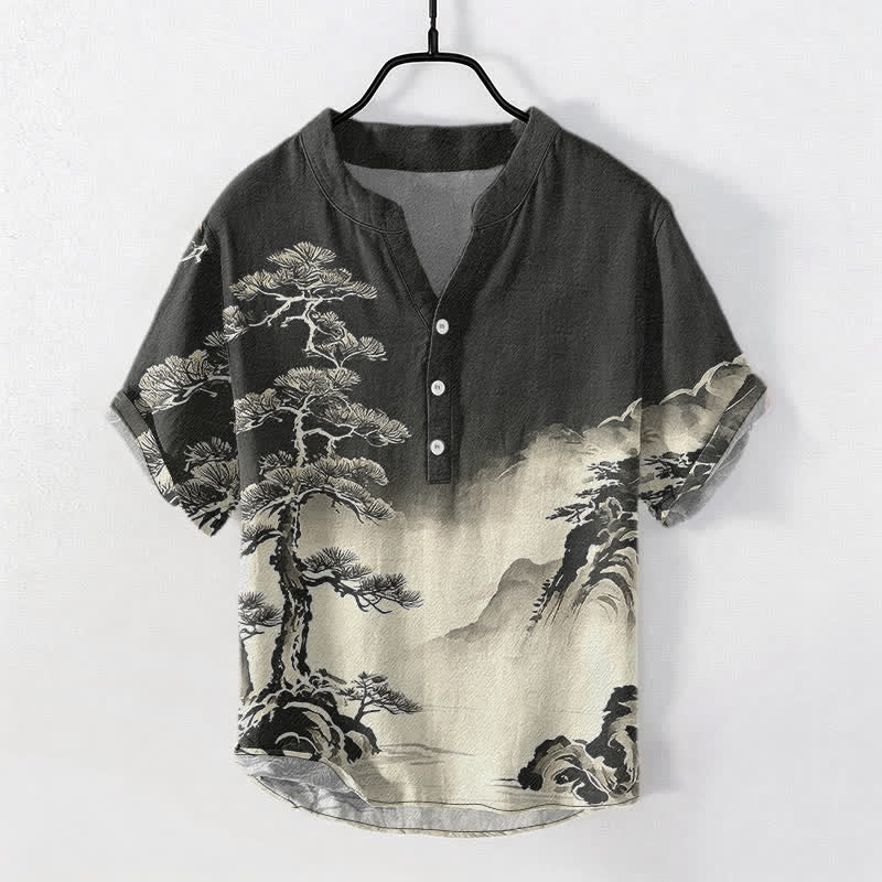 Buddha Stones コットンインクウォッシュ風景柄メンズ半袖ハーフボタンシャツ - 黒 - US/UK/AU50、EU60（5XL） - image 0