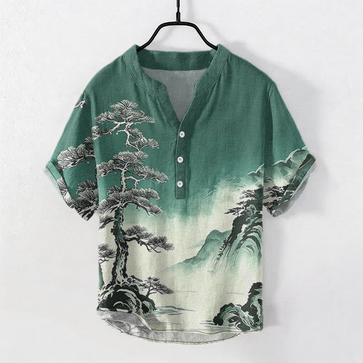 Buddha Stones コットンインクウォッシュ風景柄メンズ半袖ハーフボタンシャツ - シーグリーン - US/UK/AU50、EU60（5XL） - image 5