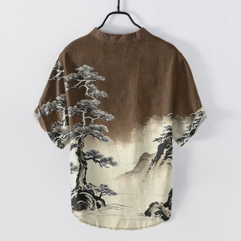 Buddha Stones コットンインクウォッシュ風景柄メンズ半袖ハーフボタンシャツ - サドルブラウン - US/UK/AU50、EU60（5XL） - image 8