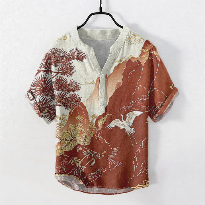 Buddha Stones 綿素材、東洋の鶴の風景柄、メンズ半袖ハーフボタンシャツ - シエナ - US/UK/AU50、EU60（5XL） - image 3