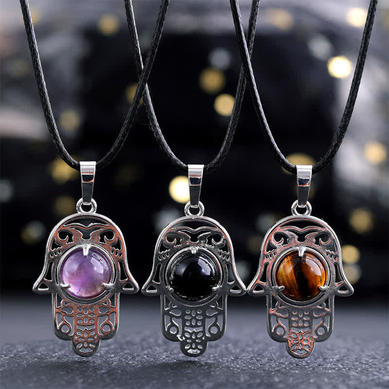Buddha Stones 天然黒曜石ハムサパーム象嵌クリスタル強化ネックレス - image 0