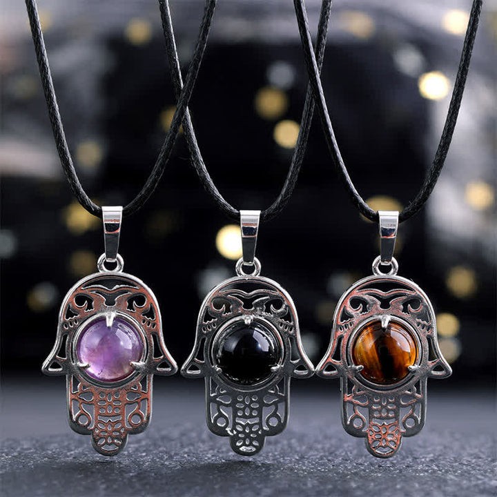 Buddha Stones 天然黒曜石ハムサパーム象嵌クリスタル強化ネックレス - image 0