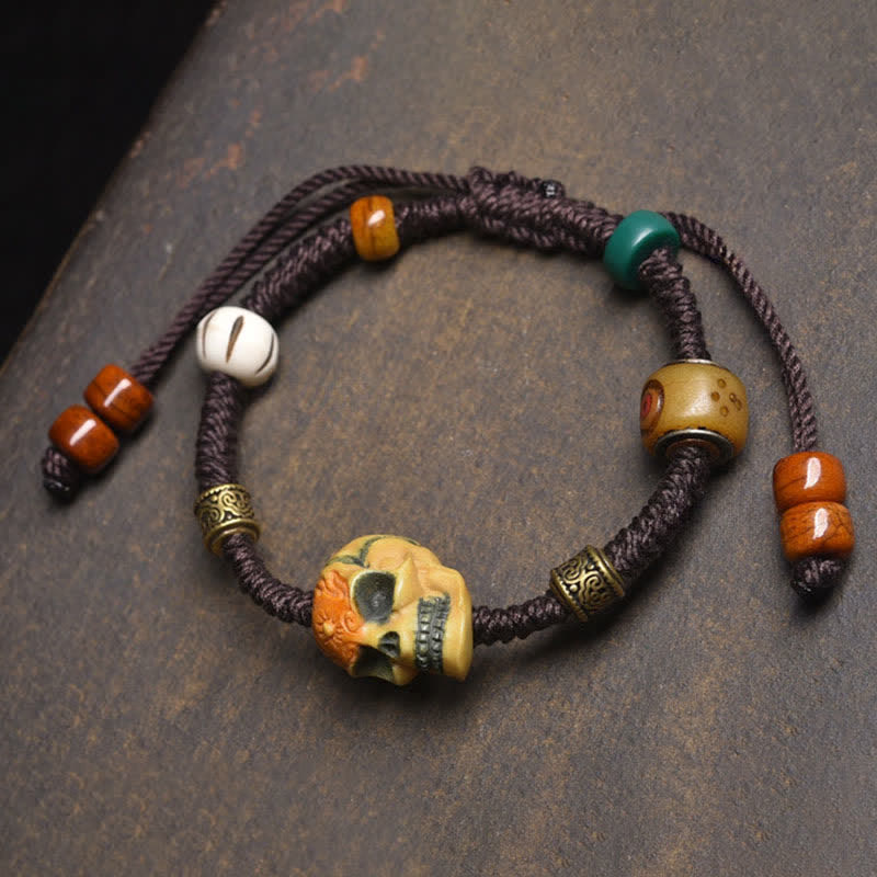 Buddha Stones ボーン 死体の森の主 邪悪な精霊を遠ざける 編み込みロープブレスレット - ブラウンロープ（手首周り：17～23cm） - image 0