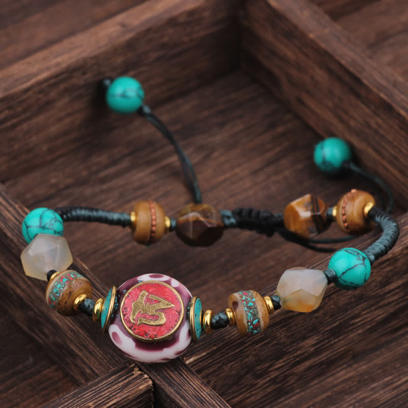 Buddha Stones ターコイズと琥珀のチベット編みロープラブブレスレット - 黒と青のロープ（手首周り：15～21cm） - image 0