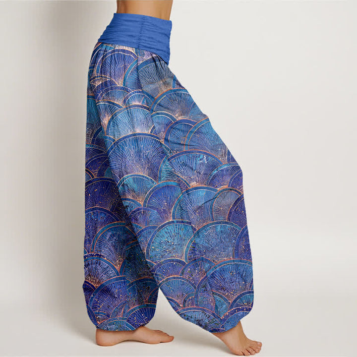 Buddha Stones ピュアコットン製ターコイズ扇形柄レディースゴムウエストハーレムパンツ - image 10