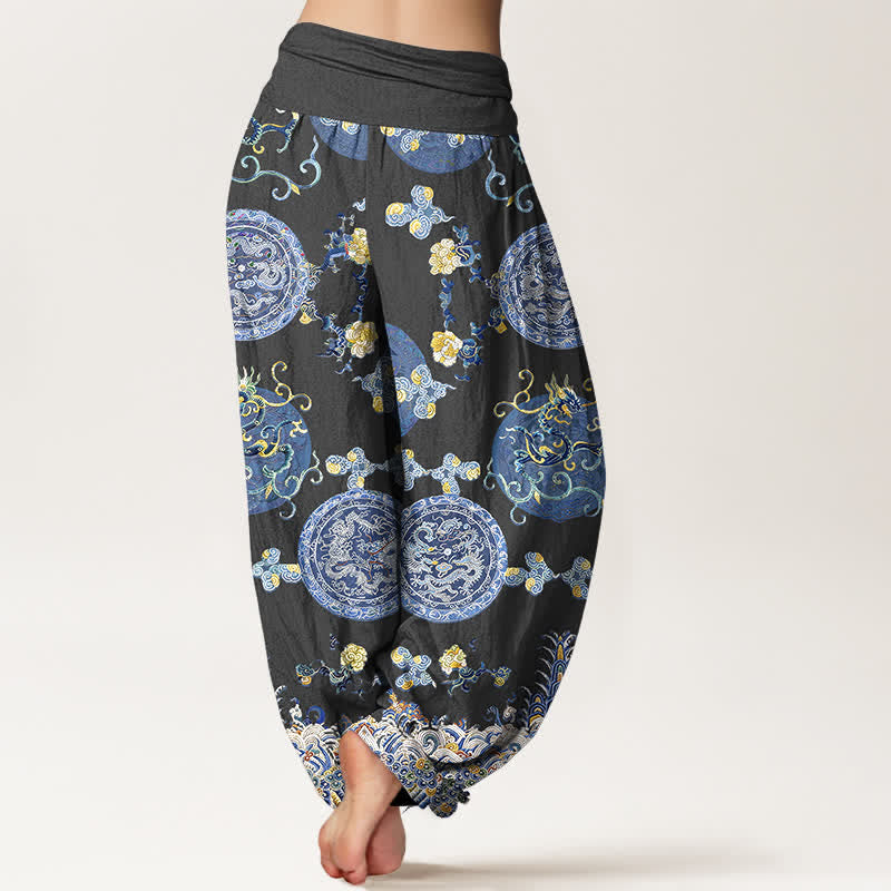 Buddha Stones コットンインディゴメダリオンドラゴン柄レディースゴムウエストハーレムパンツ - image 1