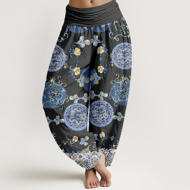 Buddha Stones コットンインディゴメダリオンドラゴン柄レディースゴムウエストハーレムパンツ - 黒 - US16、 UK/AU20、 EU48 (3XL) - image 0