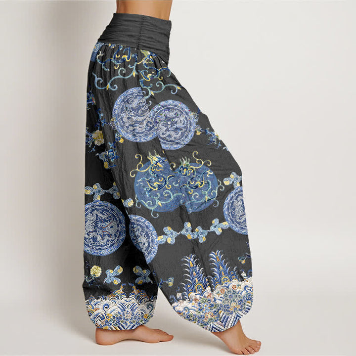 Buddha Stones コットンインディゴメダリオンドラゴン柄レディースゴムウエストハーレムパンツ - image 2