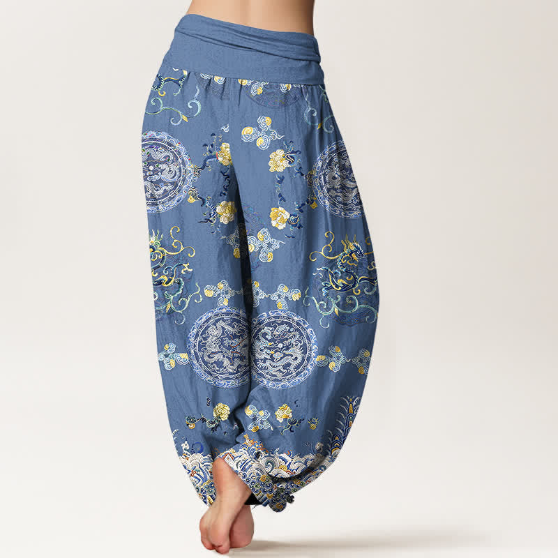 Buddha Stones コットンインディゴメダリオンドラゴン柄レディースゴムウエストハーレムパンツ - image 6