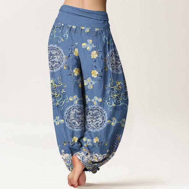 Buddha Stones コットンインディゴメダリオンドラゴン柄レディースゴムウエストハーレムパンツ - image 6