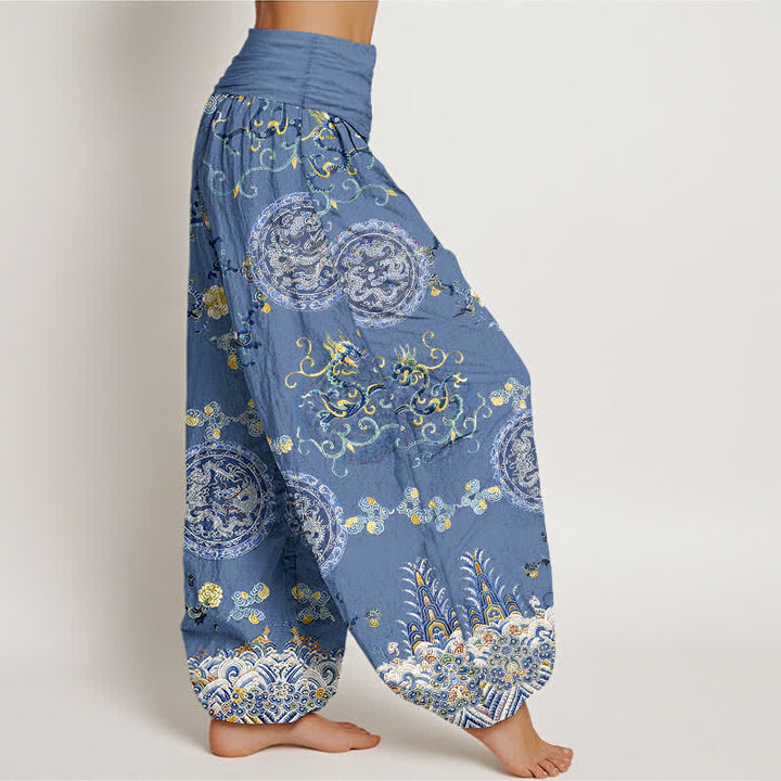 Buddha Stones コットンインディゴメダリオンドラゴン柄レディースゴムウエストハーレムパンツ - image 7