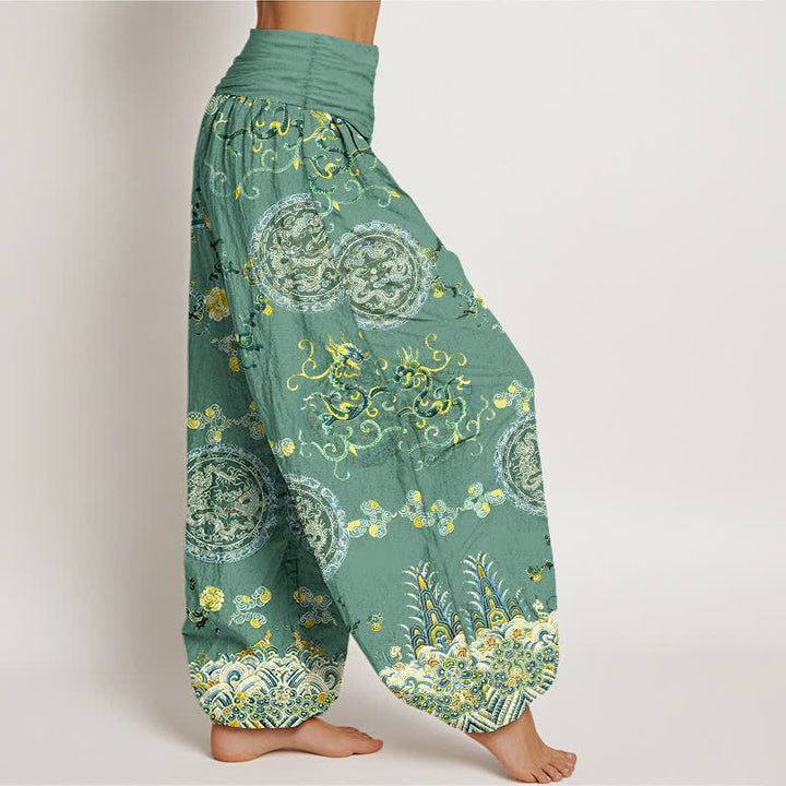Buddha Stones コットンインディゴメダリオンドラゴン柄レディースゴムウエストハーレムパンツ - image 10