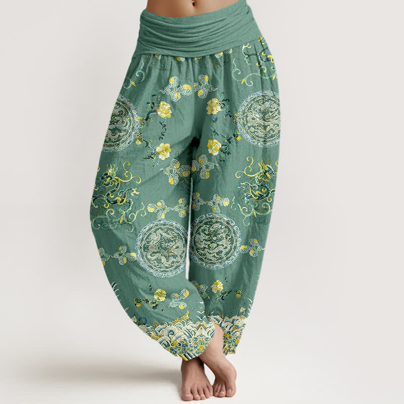 Buddha Stones コットンインディゴメダリオンドラゴン柄レディースゴムウエストハーレムパンツ - ミディアムシーグリーン - US16、 UK/AU20、 EU48 (3XL) - image 8