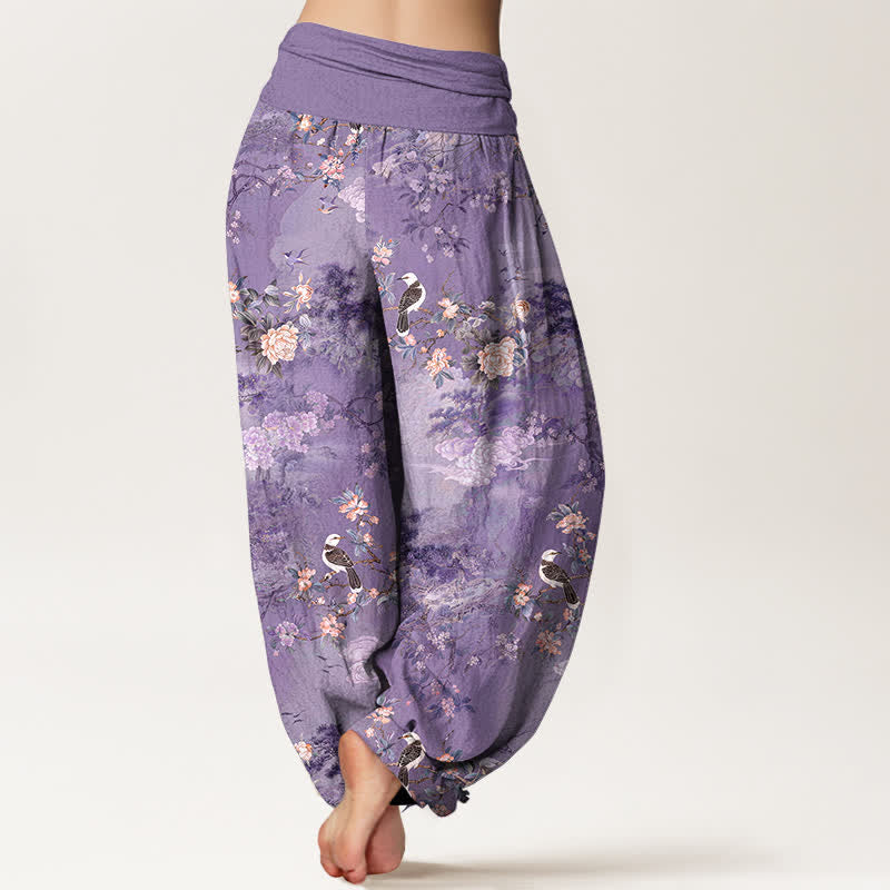 Buddha Stones 純綿花柄鳥模様 レディース ゴムウエスト ハーレムパンツ - image 1