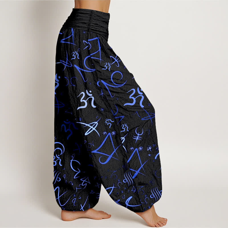 Buddha Stones ピュアコットン ブルー OM シンボル柄 レディース ゴムウエスト ハーレムパンツ - image 2