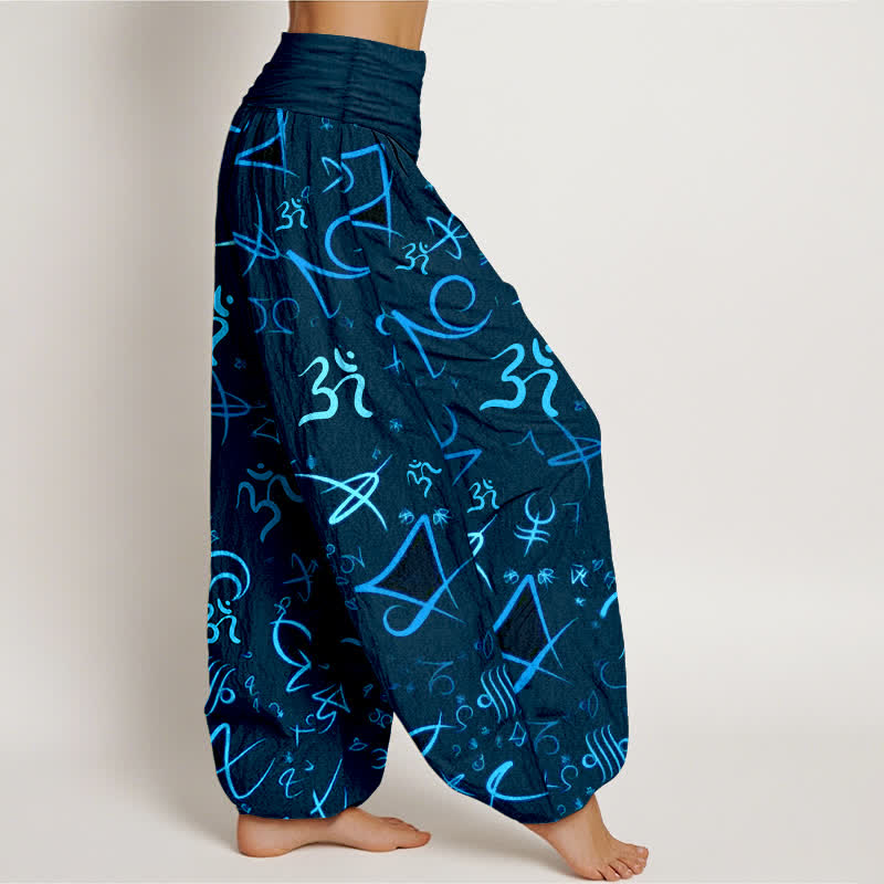 Buddha Stones ピュアコットン ブルー OM シンボル柄 レディース ゴムウエスト ハーレムパンツ - image 7