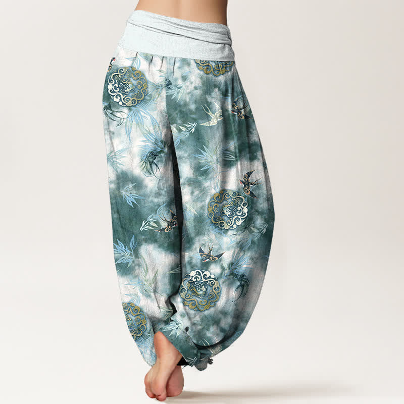 Buddha Stones ピュアコットン素材、雲模様と鳥柄のレディース用ゴムウエストハーレムパンツ - image 6
