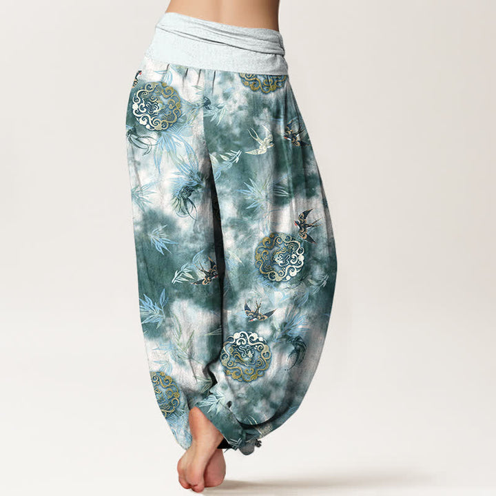 Buddha Stones ピュアコットン素材、雲模様と鳥柄のレディース用ゴムウエストハーレムパンツ - image 6