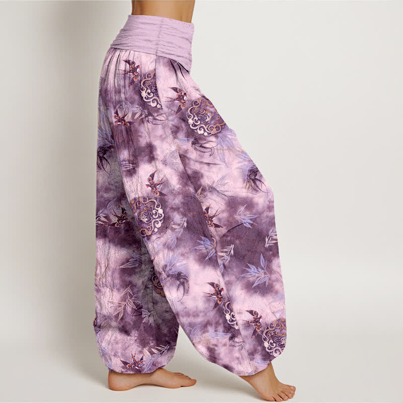 Buddha Stones ピュアコットン素材、雲模様と鳥柄のレディース用ゴムウエストハーレムパンツ - image 10