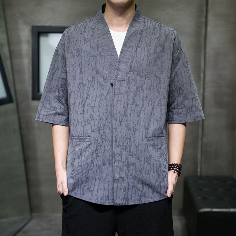 Buddha Stones 夏用Vネックボタン破れ柄メンズ半袖シャツ（ポケット付き） - スレートグレー - US/UK/AU46、 EU56 (5XL) - image 0