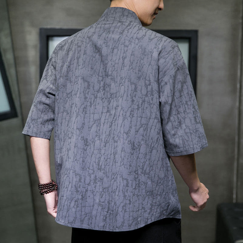 Buddha Stones 夏用Vネックボタン破れ柄メンズ半袖シャツ（ポケット付き） - image 4