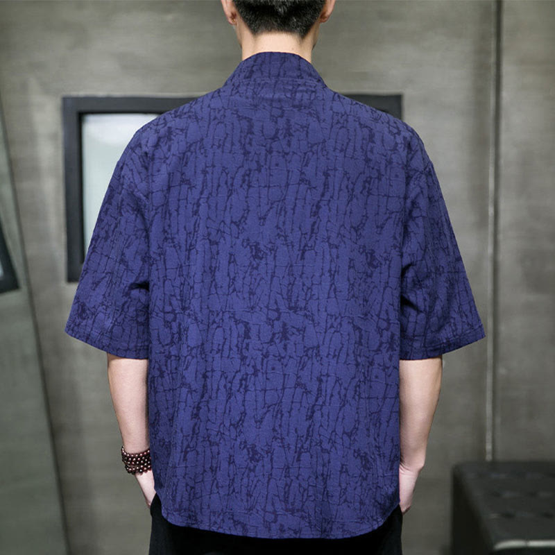 Buddha Stones 夏用Vネックボタン破れ柄メンズ半袖シャツ（ポケット付き） - image 16