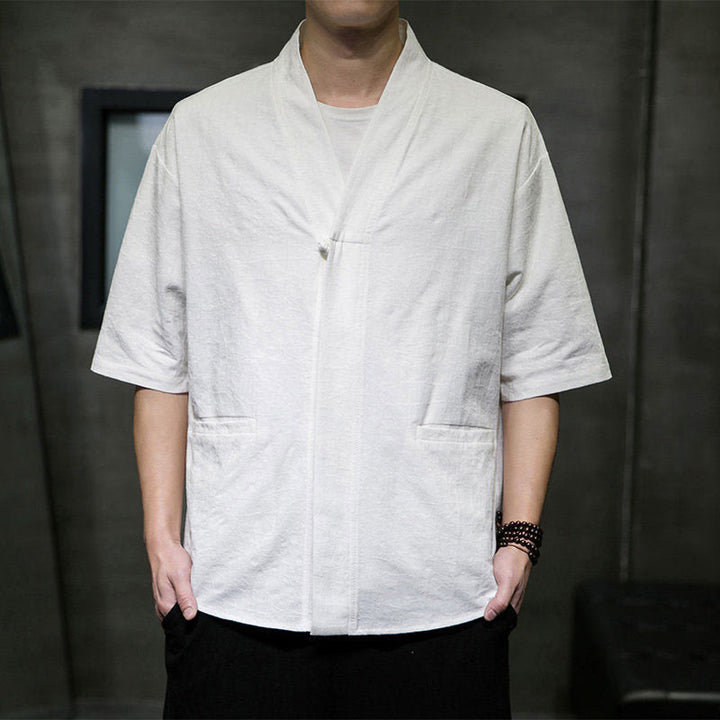 Buddha Stones 夏用Vネックボタン破れ柄メンズ半袖シャツ（ポケット付き） - 白 - US/UK/AU46、 EU56 (5XL) - image 24