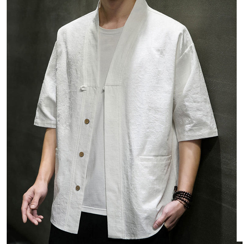 Buddha Stones 夏用Vネックボタン破れ柄メンズ半袖シャツ（ポケット付き） - image 31