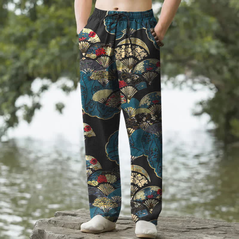 Buddha Stones 綿素材のオリエンタル扇子柄のメンズテーパードパンツ（ポケット付き） - 黒 - US/UK/AU50、EU60（5XL） - image 0