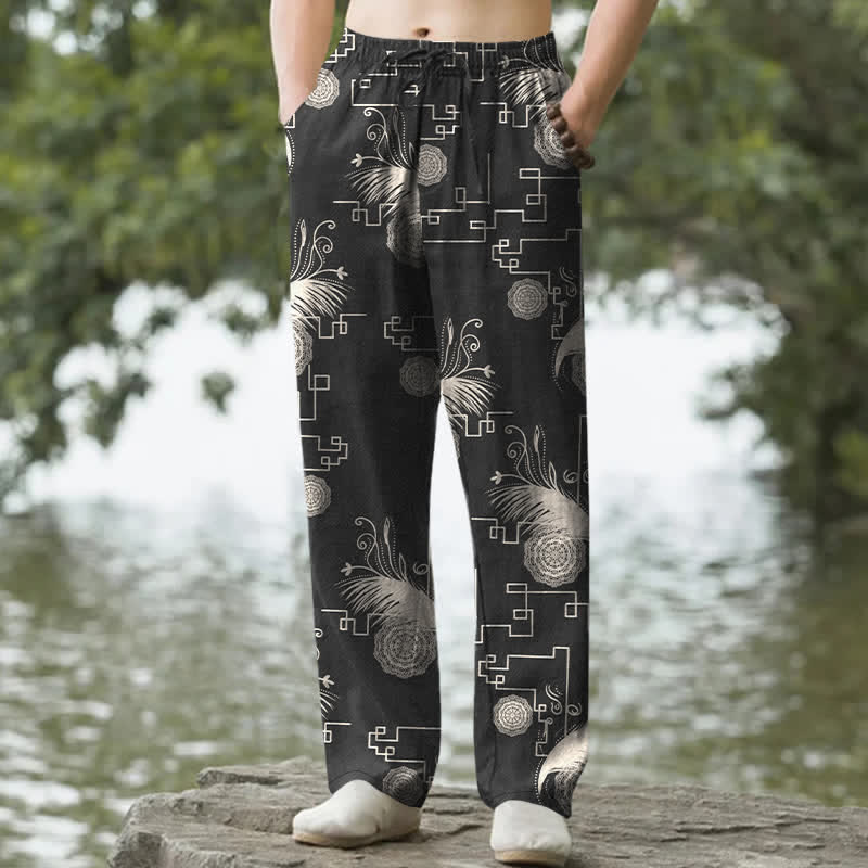 Buddha Stones コットンフェザー幾何学模様メンズテーパードパンツ（ポケット付き） - 黒 - US/UK/AU50、EU60（5XL） - image 4