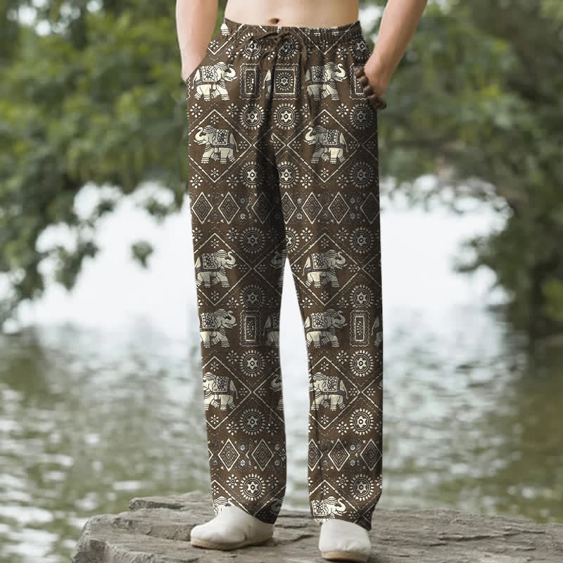 Buddha Stones コットン素材、アイボリーの象のマンダラ模様、幾何学模様のメンズテーパードパンツ（ポケット付き） - サドルブラウン - US/UK/AU50、EU60（5XL） - image 6