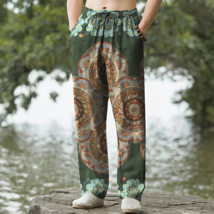 Buddha Stones 純綿マンダラ花柄メンズテーパードパンツ（ポケット付き） - ダークグリーン - US/UK/AU50、EU60（5XL） - image 4