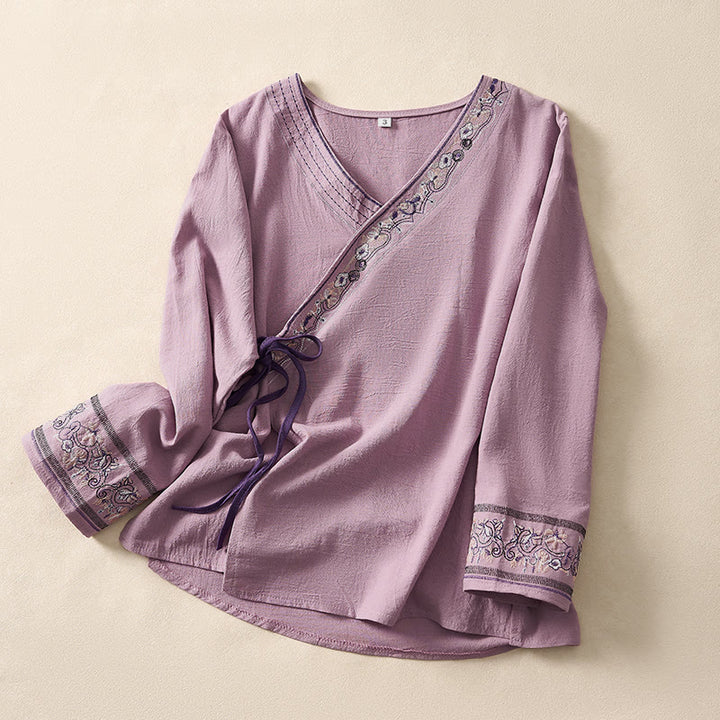 Buddha Stonesカジュアル 刺繍入り花柄 斜め襟 ストラップ付き 長袖 レディースシャツ - 蘭 - US8-10、 UK/AU12-14、EU40-42 (3XL) - image 13