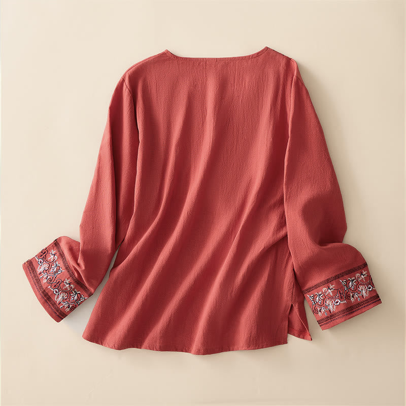 Buddha Stonesカジュアル 刺繍入り花柄 斜め襟 ストラップ付き 長袖 レディースシャツ - image 6