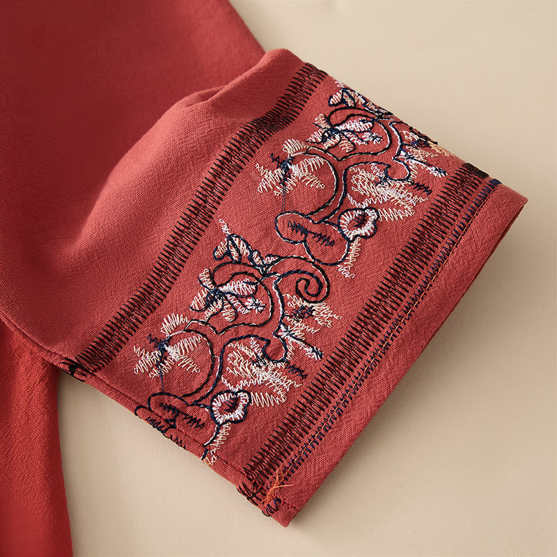 Buddha Stonesカジュアル 刺繍入り花柄 斜め襟 ストラップ付き 長袖 レディースシャツ - image 3