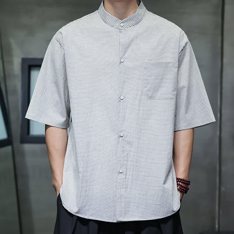Buddha Stones 夏物カジュアル マンダリンカラー ピンストライプ柄 ボタンアップ メンズ半袖シャツ - image 5