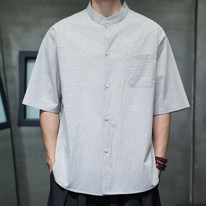 Buddha Stones 夏物カジュアル マンダリンカラー ピンストライプ柄 ボタンアップ メンズ半袖シャツ - image 5