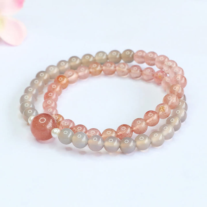 Buddha Stones ストロベリークォーツとグレーアゲートのダブルラップ幸運を呼ぶブレスレット - image 8