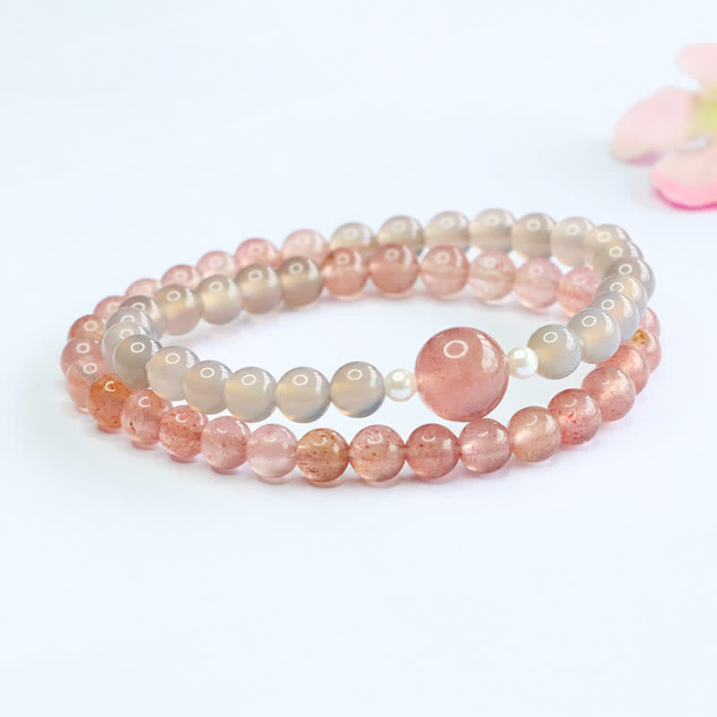 Buddha Stones ストロベリークォーツとグレーアゲートのダブルラップ幸運を呼ぶブレスレット - image 2