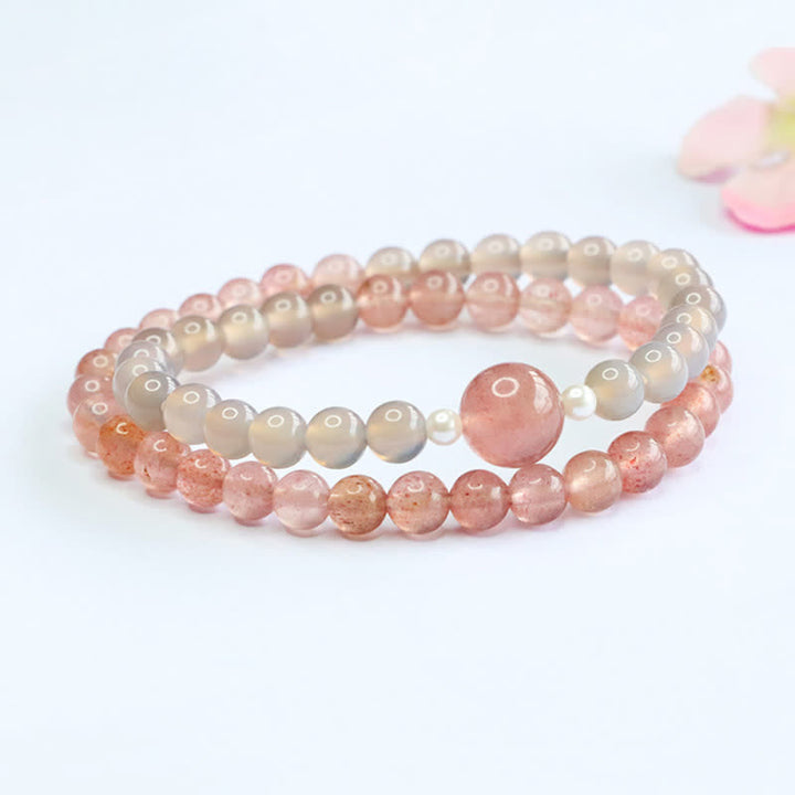 Buddha Stones ストロベリークォーツとグレーアゲートのダブルラップ幸運を呼ぶブレスレット - image 2