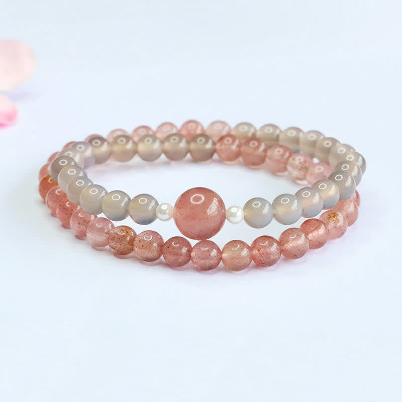 Buddha Stones ストロベリークォーツとグレーアゲートのダブルラップ幸運を呼ぶブレスレット - image 1