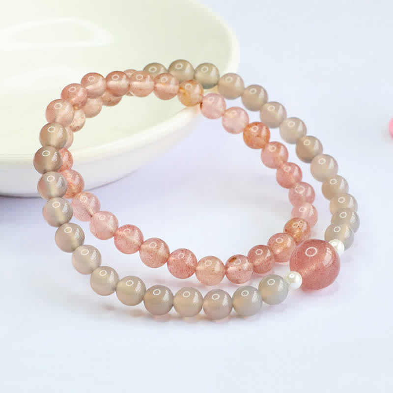 Buddha Stones ストロベリークォーツとグレーアゲートのダブルラップ幸運を呼ぶブレスレット - ストロベリークォーツ（手首周り：14～15cm） - image 0