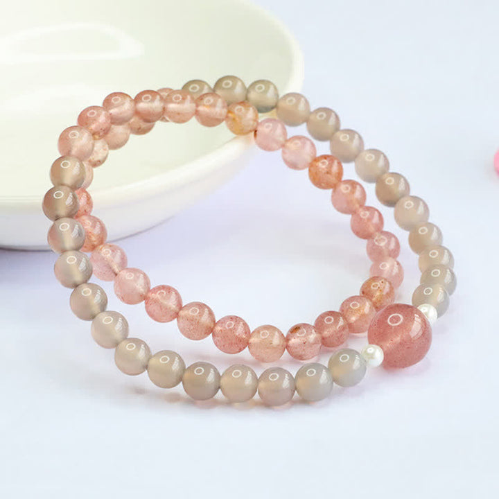 Buddha Stones ストロベリークォーツとグレーアゲートのダブルラップ幸運を呼ぶブレスレット - ストロベリークォーツ（手首周り：14～15cm） - image 0