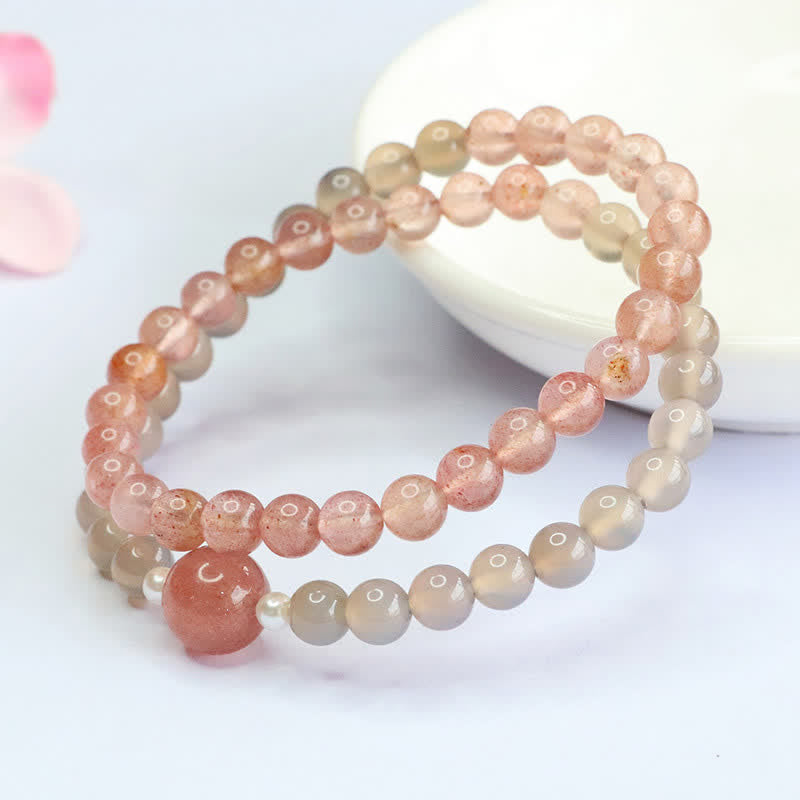 Buddha Stones ストロベリークォーツとグレーアゲートのダブルラップ幸運を呼ぶブレスレット - image 3