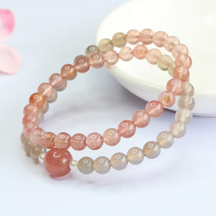 Buddha Stones ストロベリークォーツとグレーアゲートのダブルラップ幸運を呼ぶブレスレット - image 3