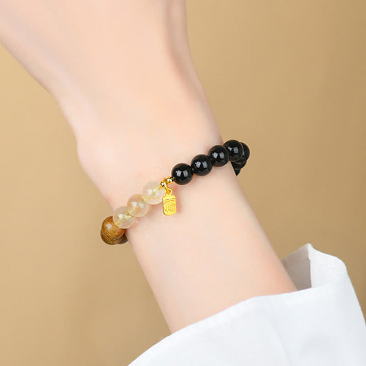 Buddha Stones ストロベリークォーツとシトリンを使用した五行の福の文字の幸運ブレスレット - image 21