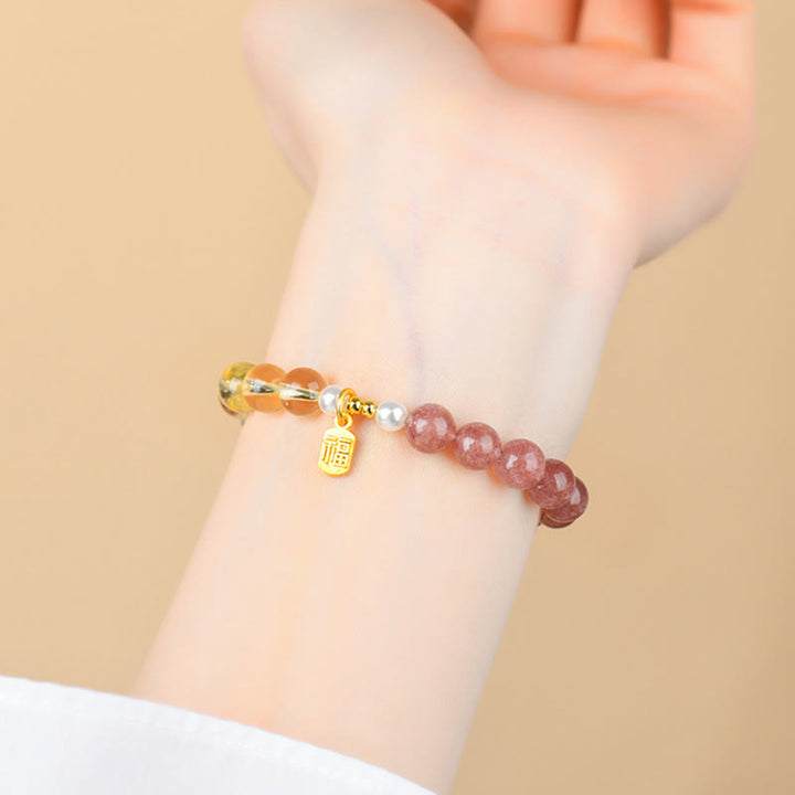 Buddha Stones ストロベリークォーツとシトリンを使用した五行の福の文字の幸運ブレスレット - image 2