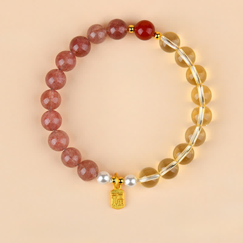 Buddha Stones ストロベリークォーツとシトリンを使用した五行の福の文字の幸運ブレスレット - 火・金・土（手首周り：15～16cm） - image 0