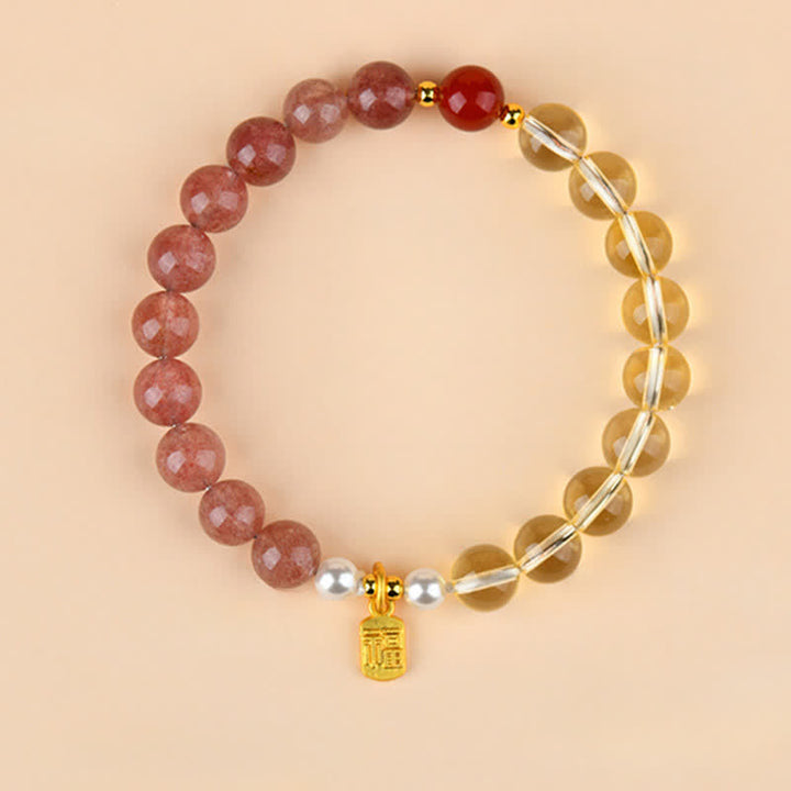 Buddha Stones ストロベリークォーツとシトリンを使用した五行の福の文字の幸運ブレスレット - 火・金・土（手首周り：15～16cm） - image 0